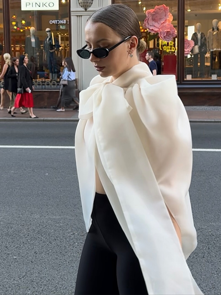 Street Fashion Types - ファッション女性トップスノースリーブボウハイカラーチュニック女性ベストソリッドエレガントサマーシックレディストリートウェア2026オフィス