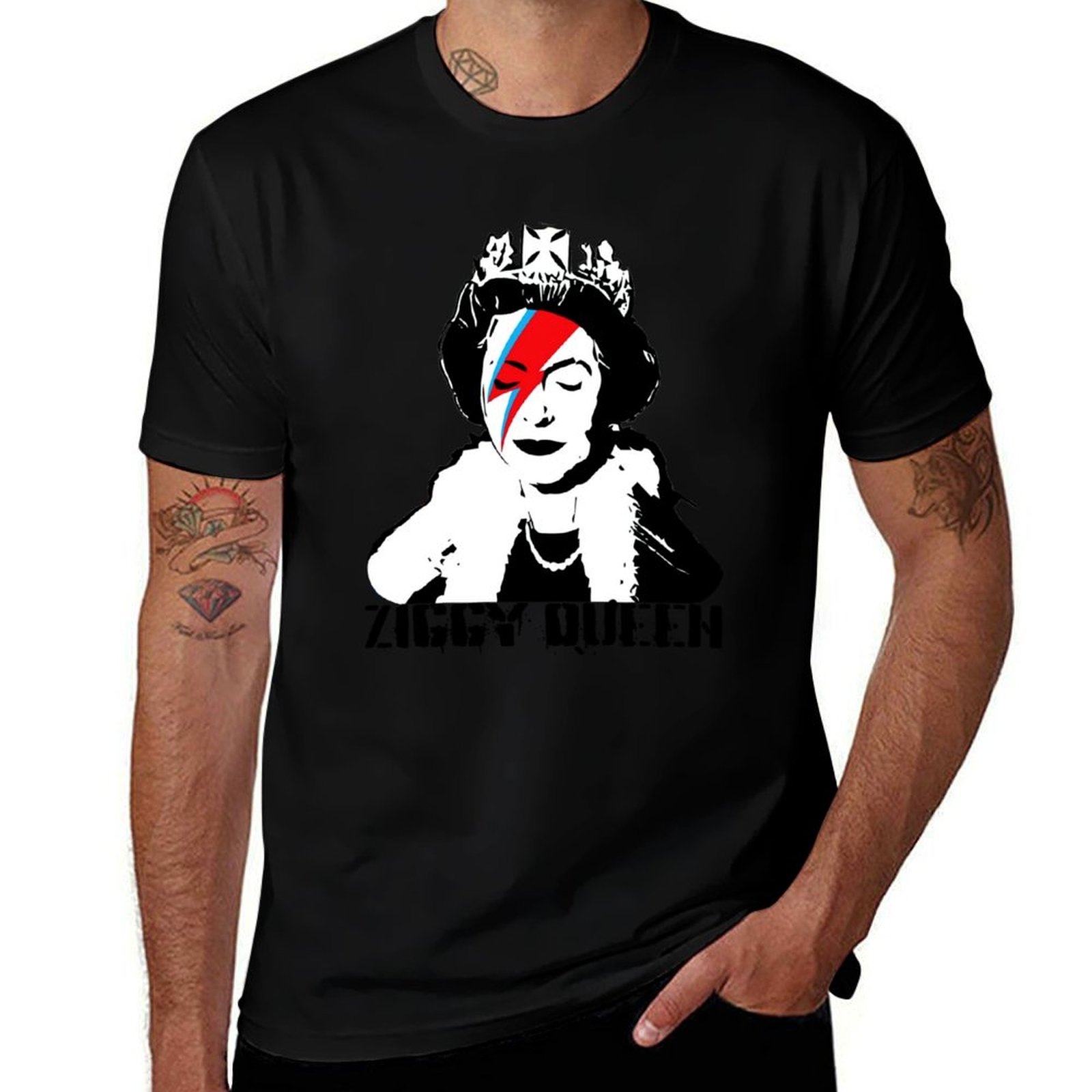 Queen Street Fashion - クイーン・エリザベス・ジギー・クイーン・バンクシー・ストリートポップアートTシャツ ファッションレタープリントTシャツ