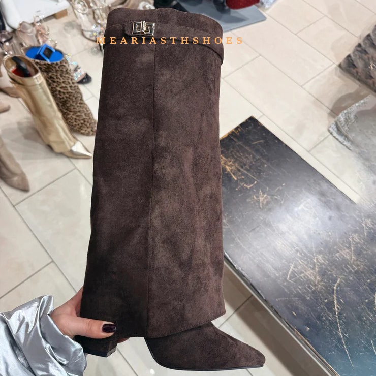 Street Fashion Winter 2025 - レディースチャンキーヒールニーハイブーツ、ポインテッドトゥ、ブラックPUレザーロングブーツ、レディース秋冬2025ファッション、シャークブーツ（女性用）