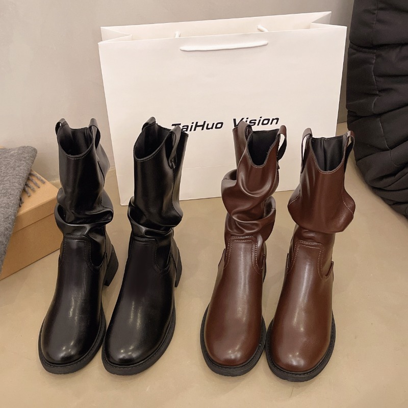 Street Fashion Winter 2025 - 2025年冬新作、ゆったりとしたワイドヒールアンクルブーツ、おしゃれなミドル丈レディースブーツ、無地カジュアルファッションブーツ