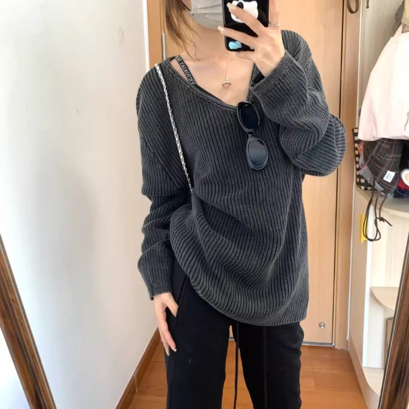 Street Fashion Winter 2025 - Vネックウォッシュドソリッドカラーカジュアル長袖セーター レディース 2025秋新作 ハイストリートファッション オールマッチニットプルオーバー