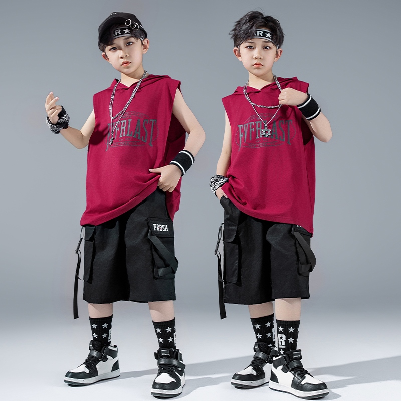 Street Fashion Boy - ストリートダンスパフォーマンススーツ用男の子ヒップホップオーバーサイズトップ黒ショーツファッションノースリーブパーカージャズラインダンス衣装3633