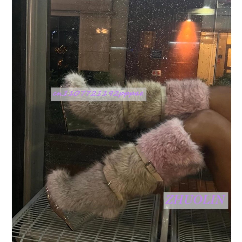 Street Fashion Punk - 冬のグラデーション毛皮のような透明ウェッジブーツ女性の甘いベルトバックルスノーブーツファッショントレンドパンクランウェイニーハイブーツ 43