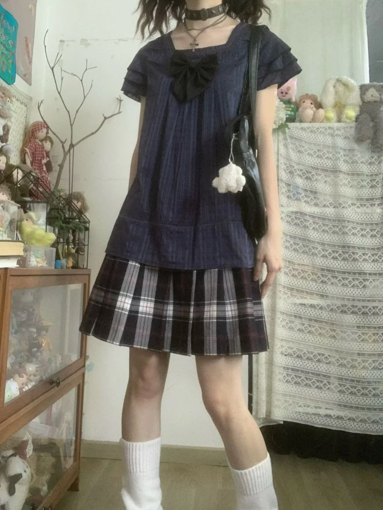 Street Fashion In Japan - ヴィンテージ和風ツーピースセット女性カジュアル半袖ボウスクエアネックトップ + プリーツミニスカート原宿ストリートウェア