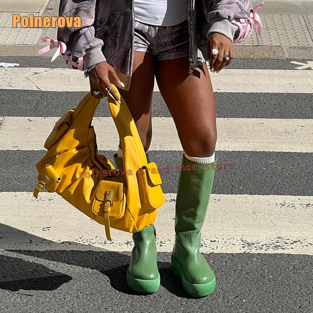 Street Fashion Winter 2025 - レディースセクシーファッションシューズ 冬トレンド グリーン プラットフォーム ニーハイブーツ 2025