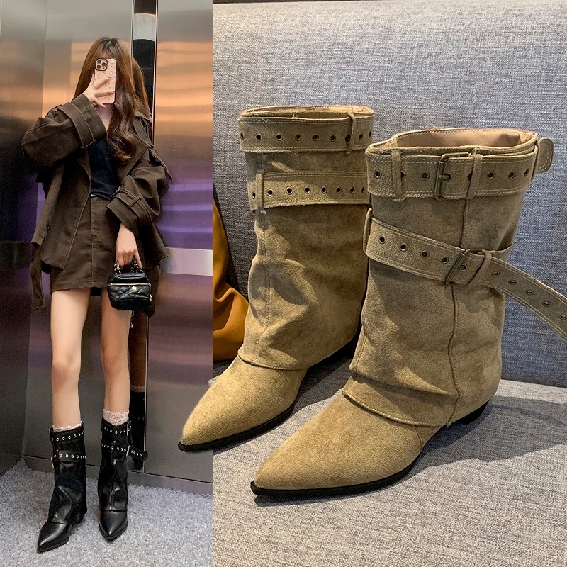 Street Fashion Winter 2025 - 2025年 ポインテッドトゥ レディース ウィンターブーツ デザイナー ミドルヒール