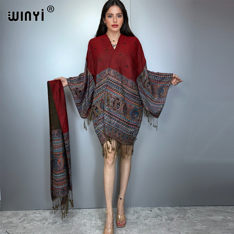 Street Fashion Kimono - WINYI着物マキシコート アフリカ女性プリント 暖かい長袖ルーズファッションストリートコートセーター レディース女性用ベルト付きカーディガン