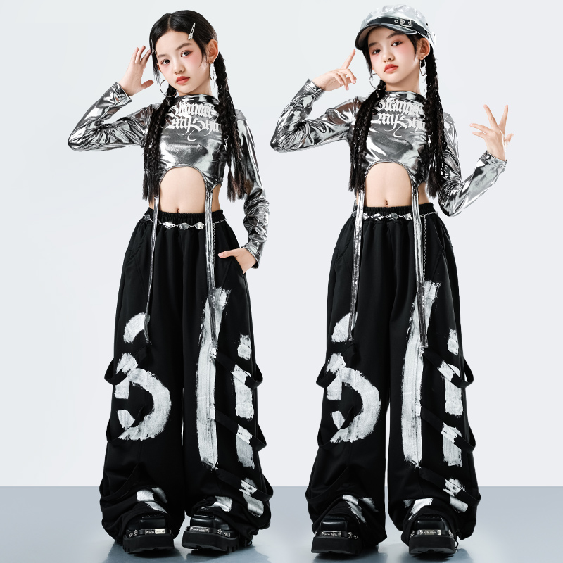 Street Fashion Types - 韓国 Y2K キッズストリートウェアスタイルヒップホップダンス衣装女の子ファッションジャズラッパースーツ子供ステージパフォーマンス服セット