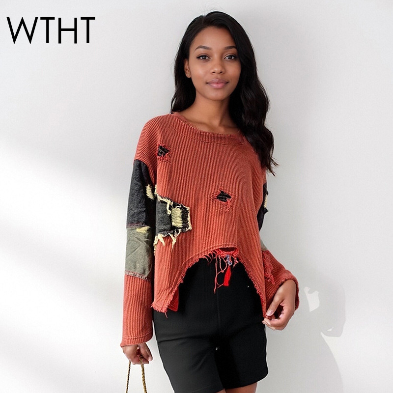 Street Fashion Winter 2025 - WTHT ファッション新しい女性の不規則なパッチワーク穴ルーズセーター 2025 秋トレンディな O ネック長袖プルオーバー女性