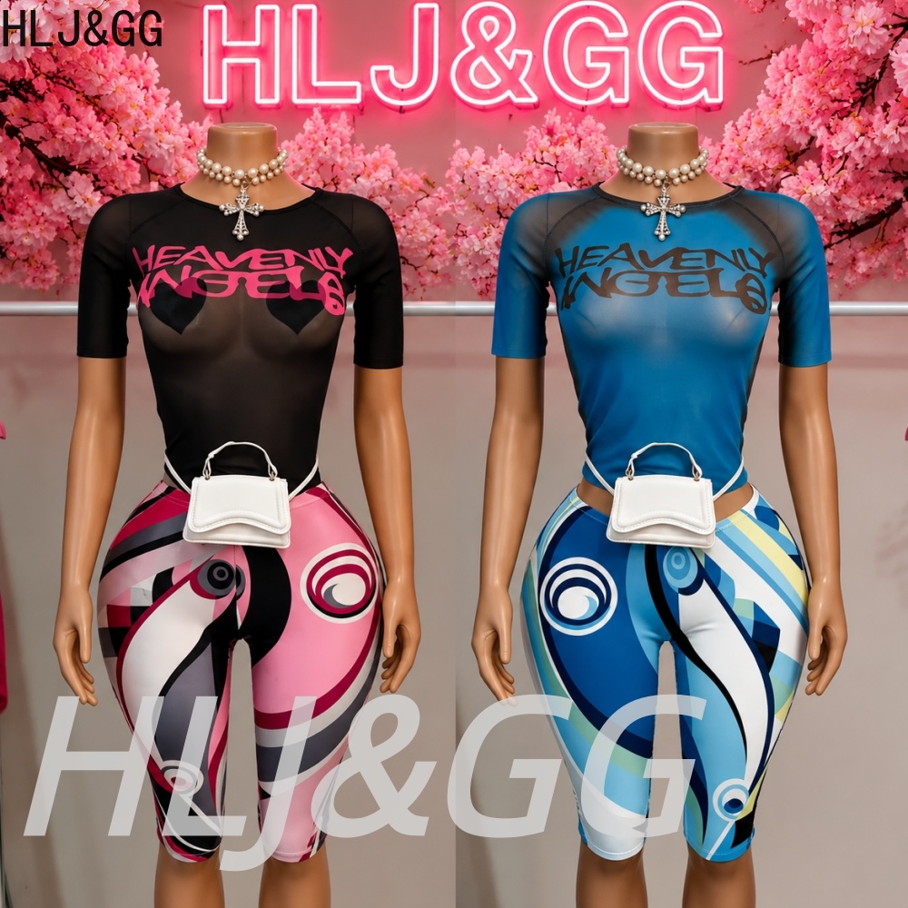 Street Fashion Types - HLJ&GG Y2K ファッションメッシュシースルーレター Tシャツ 2 点セット女性ラウンドネックスリムクロップトップとショートパンツ衣装ストリートウェア