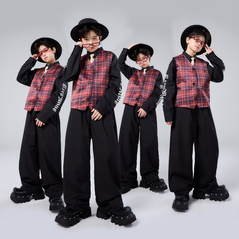Street Fashion Boy - ファッションボーイズストリートウェア服セットクールジャズダンス衣装チェック柄ベストトップスパンツヒップホップパフォーマンスキャットウォークステージ服