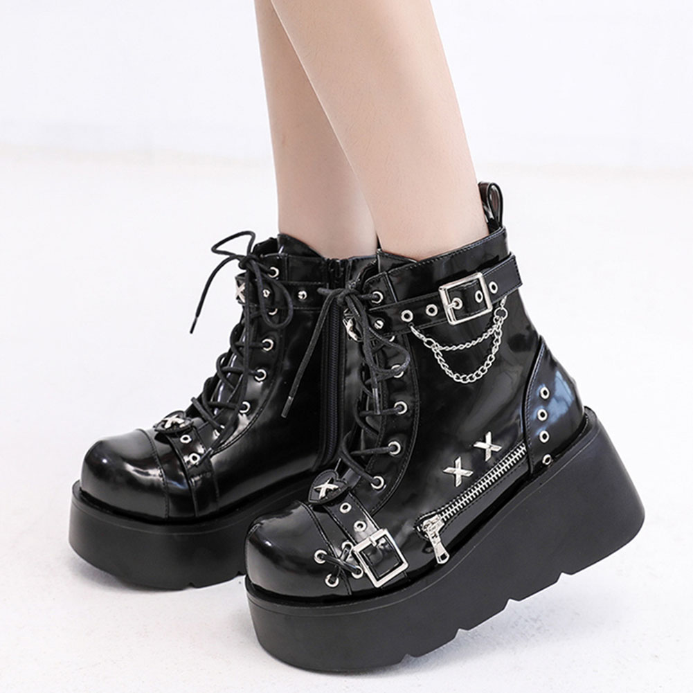 Street Fashion Goth - 新品レディースゴスプラットフォームアンクルブーツファッションバックルジップリベットパンクウェッジハイヒールレディースブーツパーティーストリート女性用シューズ