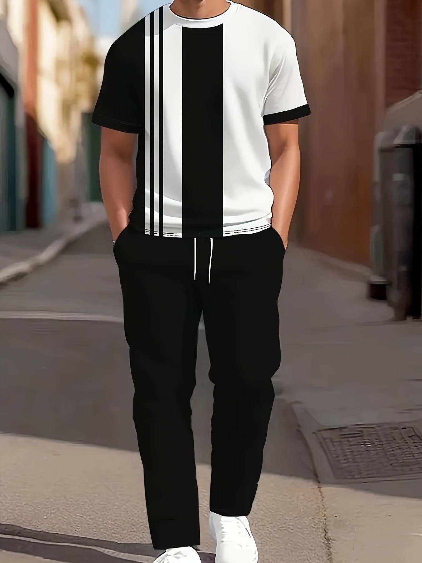 Street Fashion Summer 2026 - 2026年夏新作メンズ半袖長ズボンセット - ストリートカジュアルファッション 快適なソフト3Dストライプ柄プリント