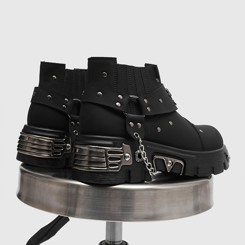 Street Fashion Punk - ロックパンクメタルパッチワークオートバイブーツ男黒ファッションプラットフォームシューズ男性秋の新人デザイナービッグヘッドアンクルブーツ男性