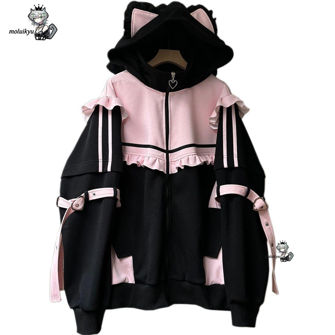 Street Fashion Harajuku - Y2K カワイイ猫耳パーカー レディース ピンク ブラック ジップアップジャケット