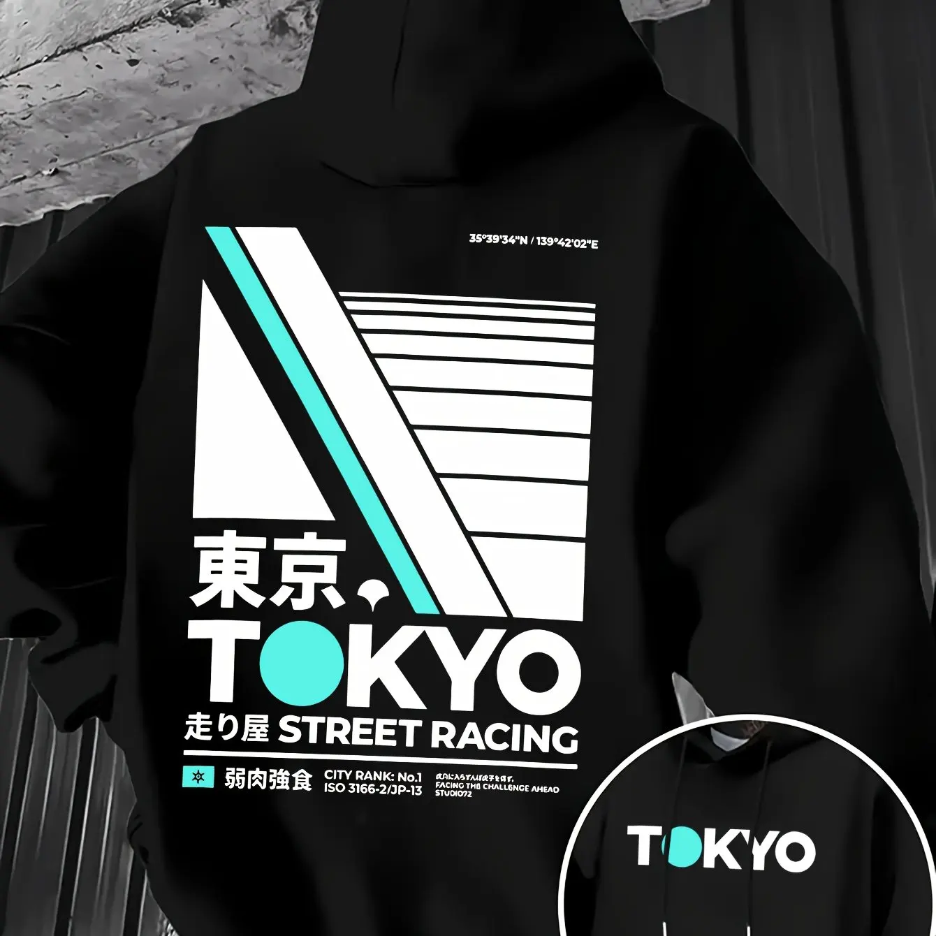Street Fashion In Tokyo - レトロなJDMトーキョーレーシングの両面プリントメンズフーディー、日本語の文字と幾何学模様のストリートファッションアイテム