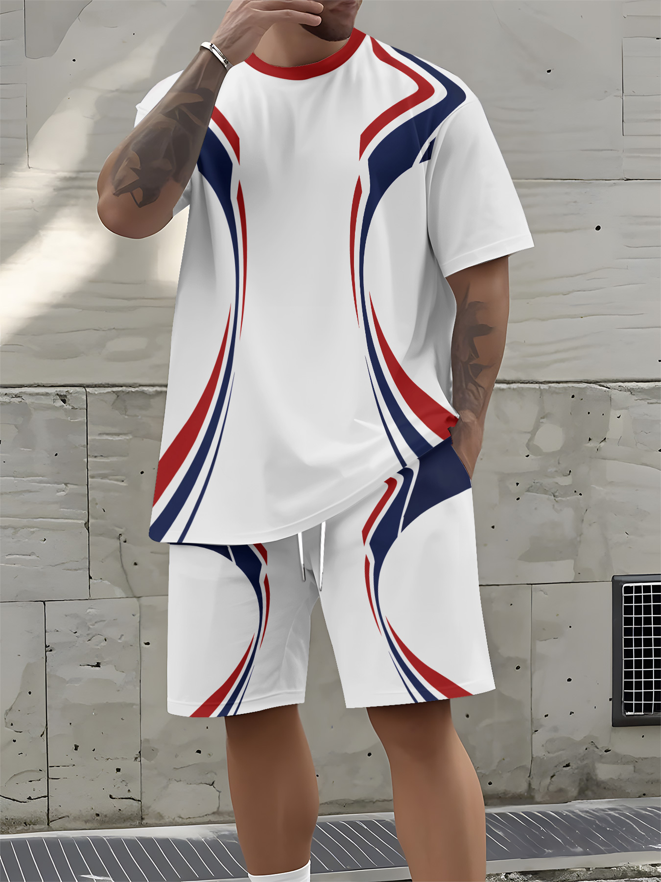 Street Fashion Summer 2026 - 2026年夏新作 メンズ半袖セットアップ 3Dストライプ柄プリント ストリートカジュアルファッション 通気性デザイン
