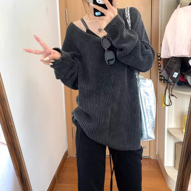 Vネックウォッシュドソリッドカラーカジュアル長袖セーター レ - Street Fashion Winter 2025 のレビューと価格