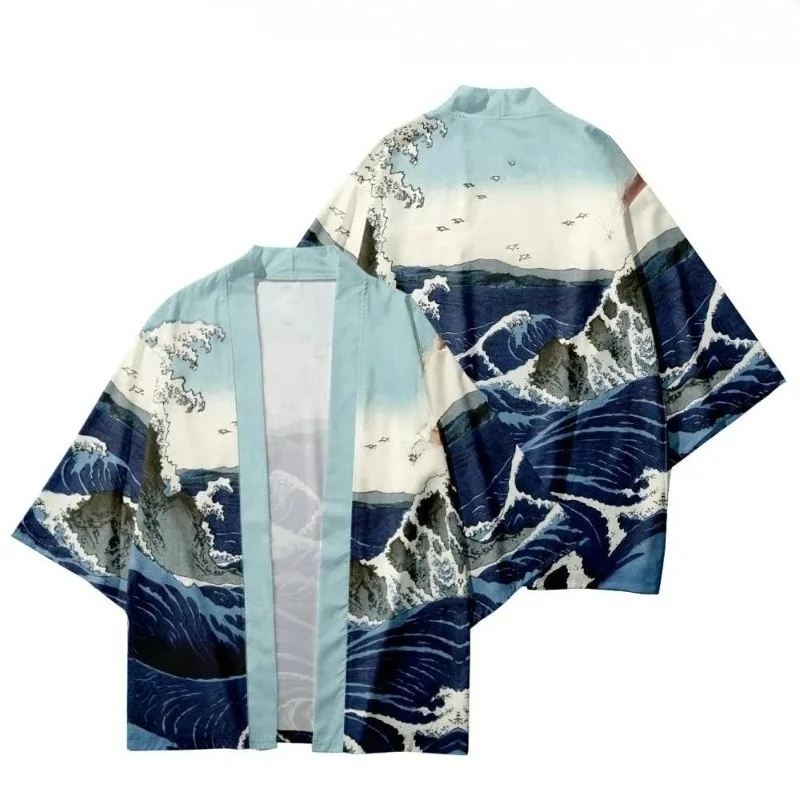 ファッショナブルな波模様プリントの伝統的な着物風ストリートウ - Street Fashion Kimono のレビューと価格