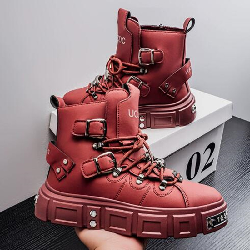 高級リベット付きブラックハイカットスニーカー メンズ レザー - Street Fashion Punk のレビューと価格
