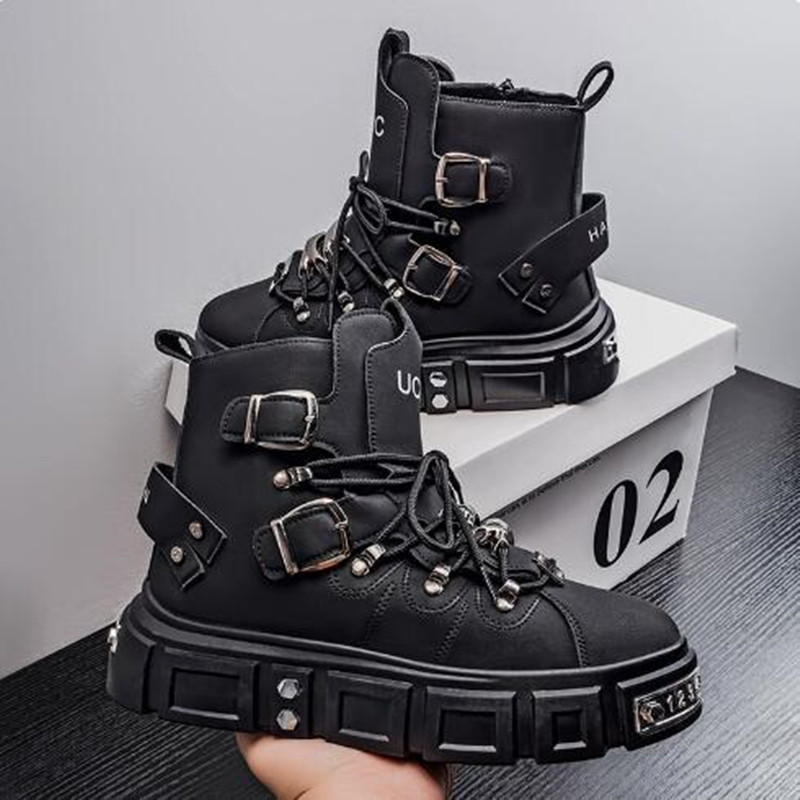 高級リベット付きブラックハイカットスニーカー メンズ レザー - Street Fashion Punk のレビューと価格
