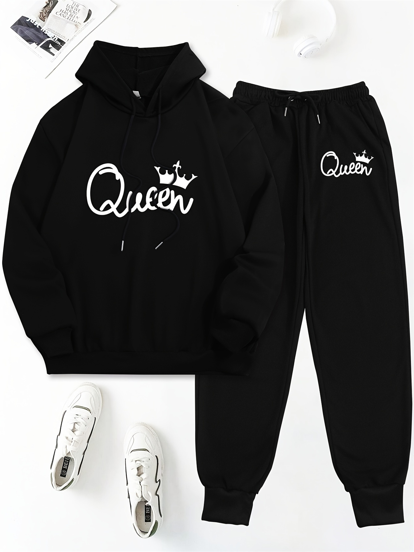 女性の秋/冬のパーカー+スポーツパンツセットストリートカジュ - Queen Street Fashion のレビューと価格