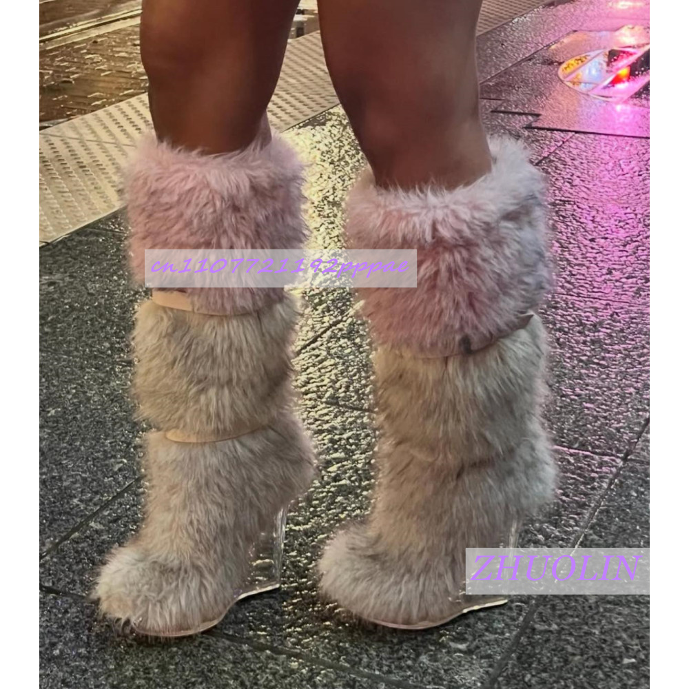 冬のグラデーション毛皮のような透明ウェッジブーツ女性の甘いベ - Street Fashion Punk のレビューと価格