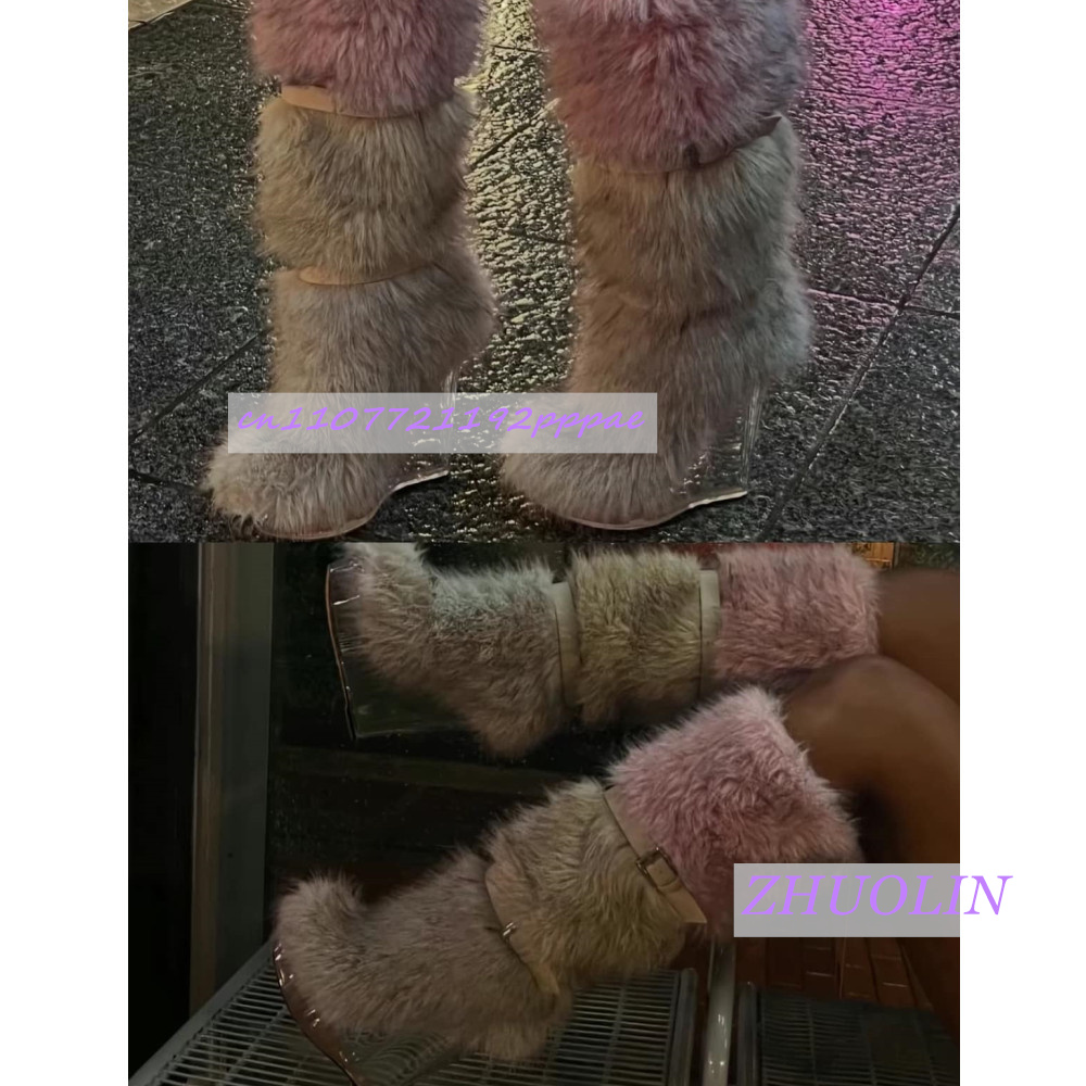 冬のグラデーション毛皮のような透明ウェッジブーツ女性の甘いベ - Street Fashion Punk のレビューと価格