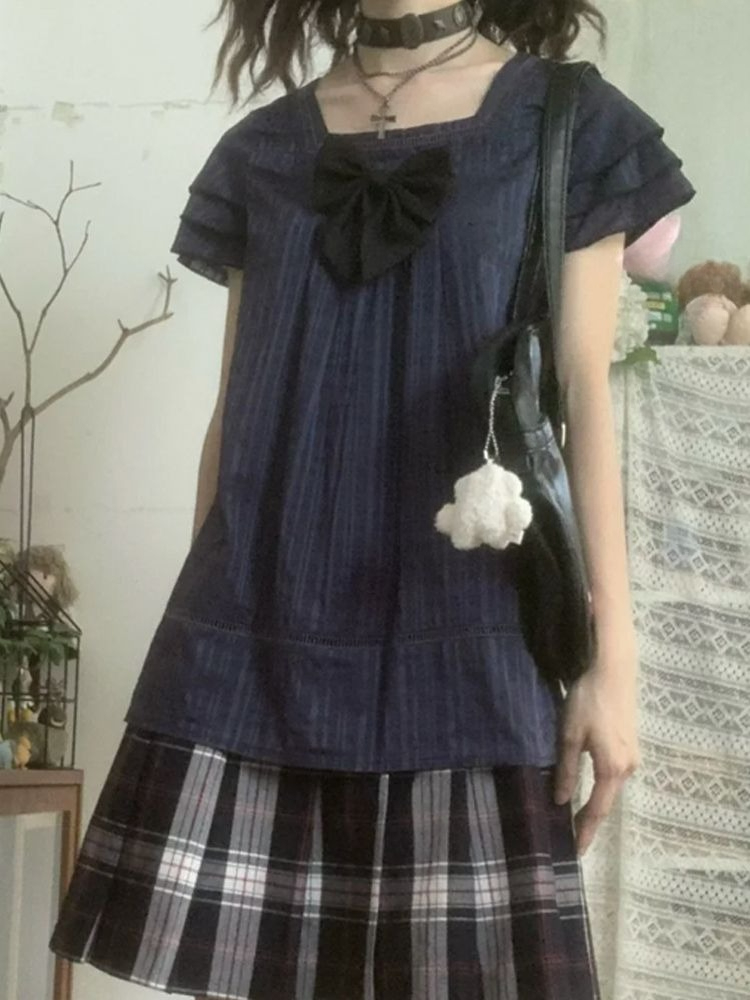 ヴィンテージ和風ツーピースセット女性カジュアル半袖ボウスクエ - Street Fashion In Japan のレビューと価格