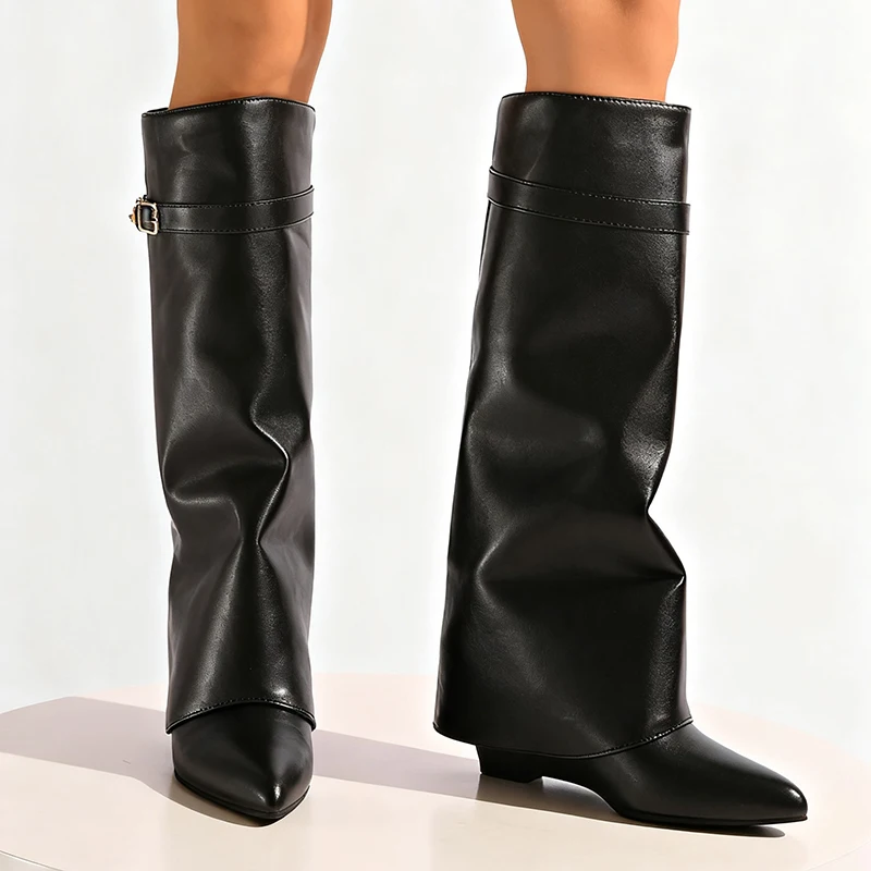 黒のPUレザーニーハイブーツ レディース セクシー ポインテ - Street Fashion Punk のレビューと価格