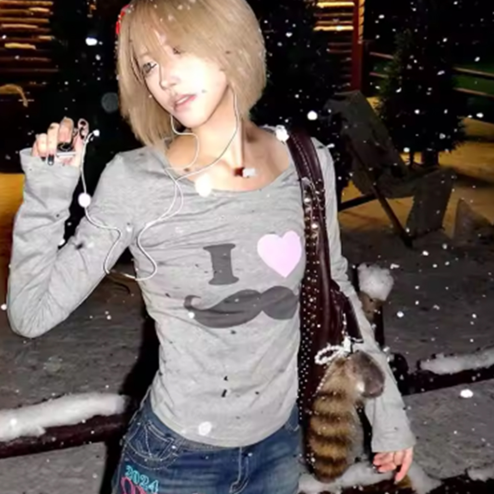 日本 Y2K ビアードプリント Tシャツ ヴィンテージ原宿長 - Street Fashion In Japan のレビューと価格