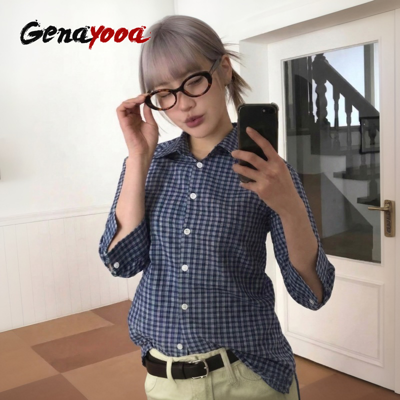 Genayooa Y2k チェック柄シャツ女性スリークォータ - Street Fashion In Japan のレビューと価格