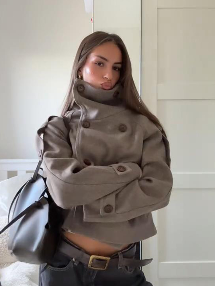 ファッション女性のスタンドカラーコート長袖ダブルブレスト固体 - Street Fashion Winter 2025 のレビューと価格