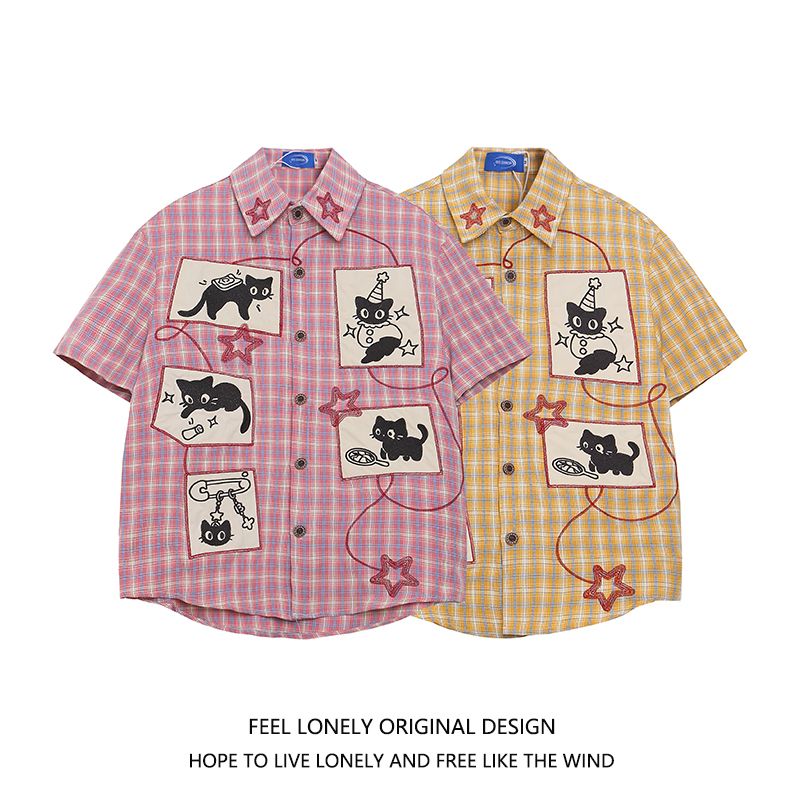 かわいい夏の男性ユニセックス Y2k チェック柄半袖シャツア - Street Fashion Types のレビューと価格