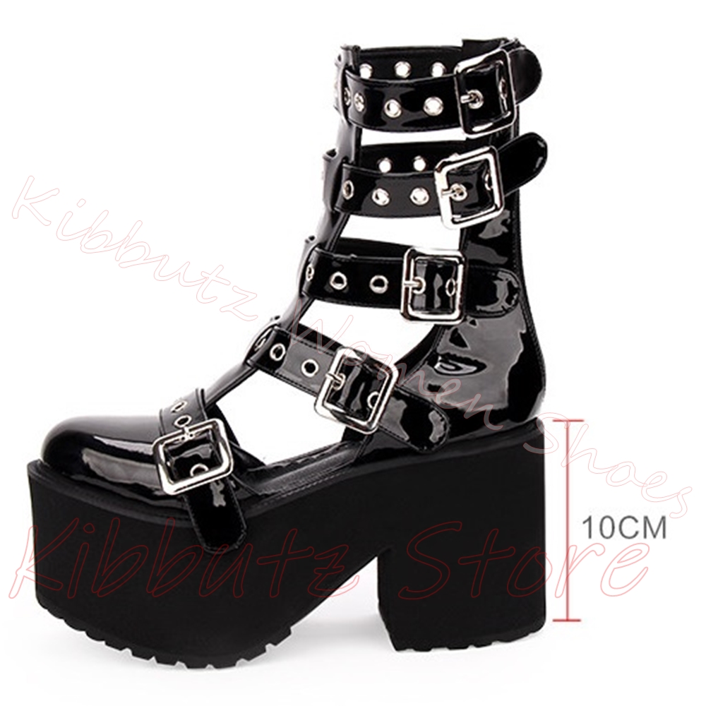 マルチバックルカットアウトサンダルプラットフォームアンクルブ - Street Fashion Punk のレビューと価格