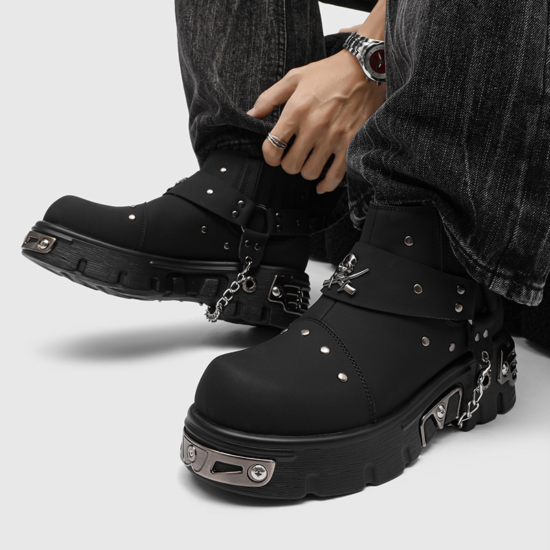 ロックパンクメタルパッチワークオートバイブーツ男黒ファッショ - Street Fashion Punk のレビューと価格