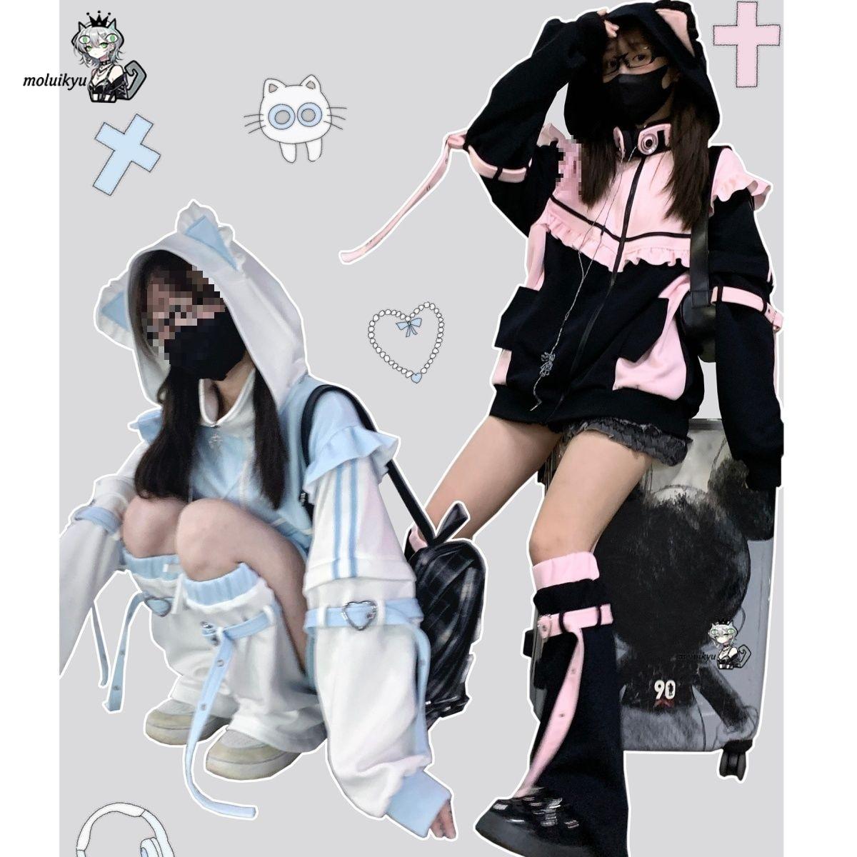 Y2K カワイイ猫耳パーカー レディース ピンク ブラック  - Street Fashion Harajuku のレビューと価格