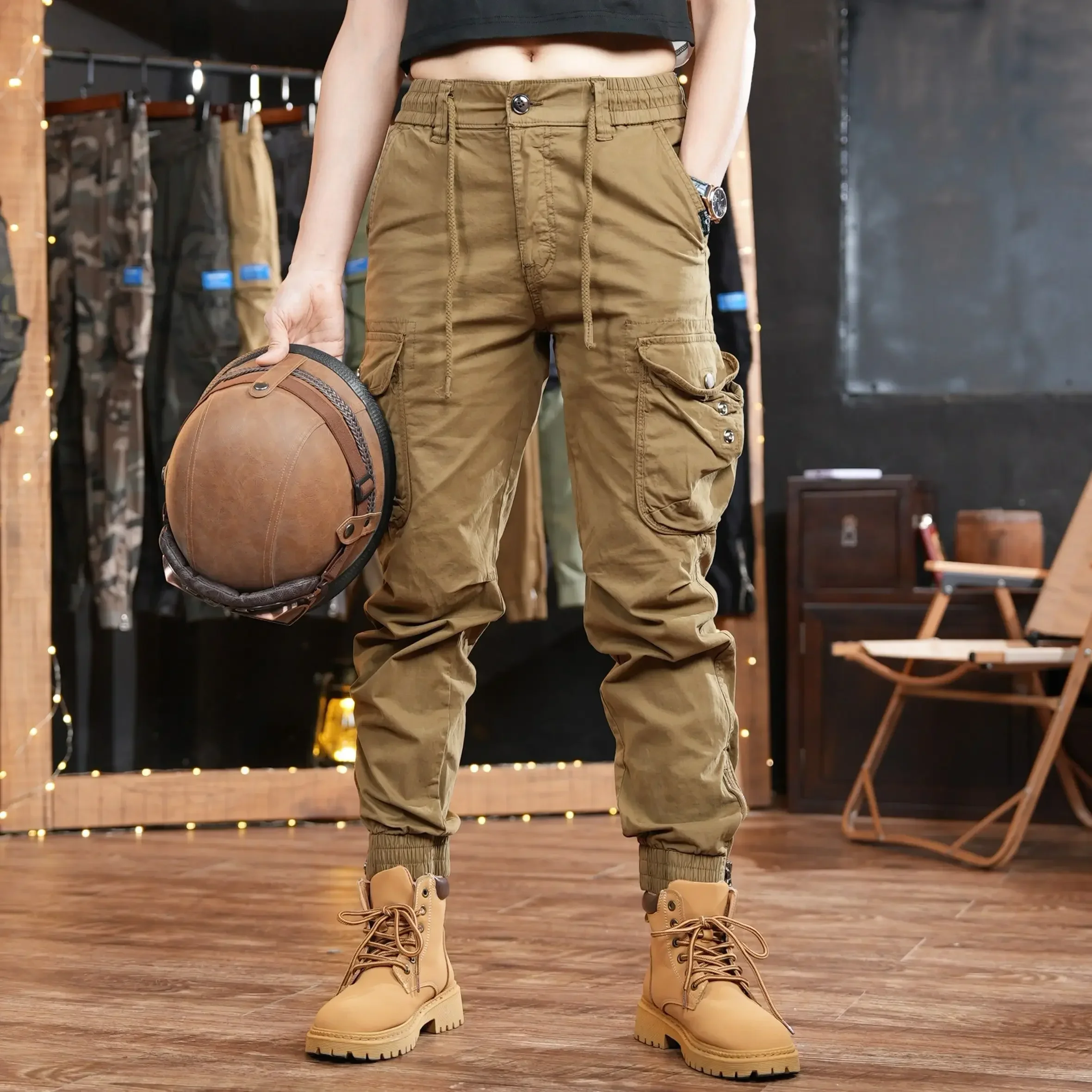 メンズマルチポケットアウトドアカーゴパンツ、khakiハイキ - Street Fashion Harajuku のレビューと価格