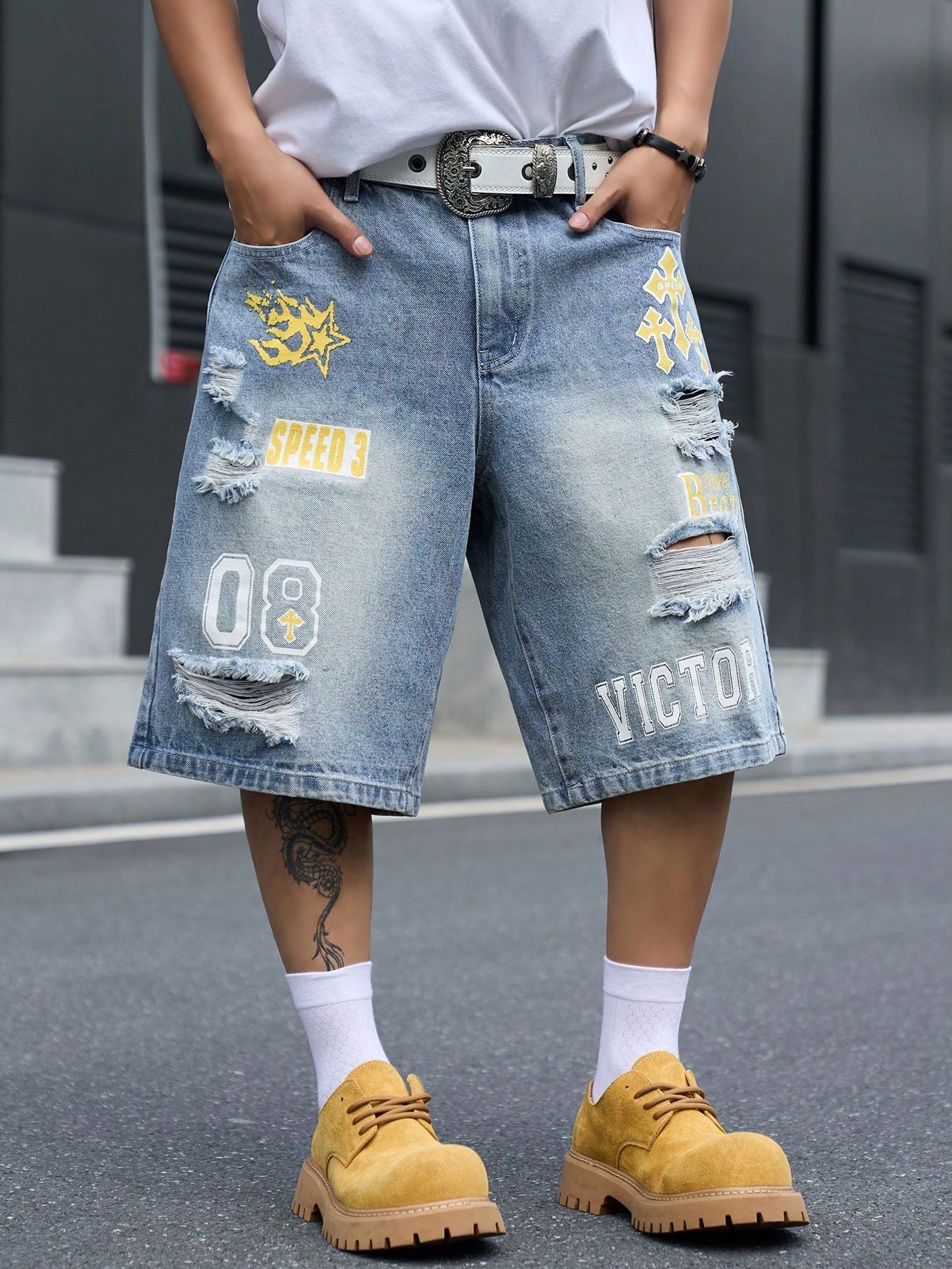 メンズ ルーズフィット デニム バミューダ ショーツ、ヴィン - Street Fashion Types のレビューと価格