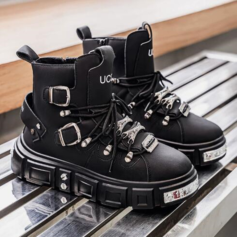 ファッションリベットブラックハイカットスニーカーメンズレザー - Street Fashion Punk のレビューと価格